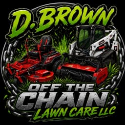 D Brown Off the Chain Lawn Care LLC logo with a zero-turn mower and a Bobcat forestry mulcher wrapped in chain